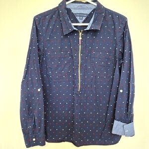 🍁Tommy Hilfiger Women’s Navy Dot Print Half-Zip Blouse – Size Large